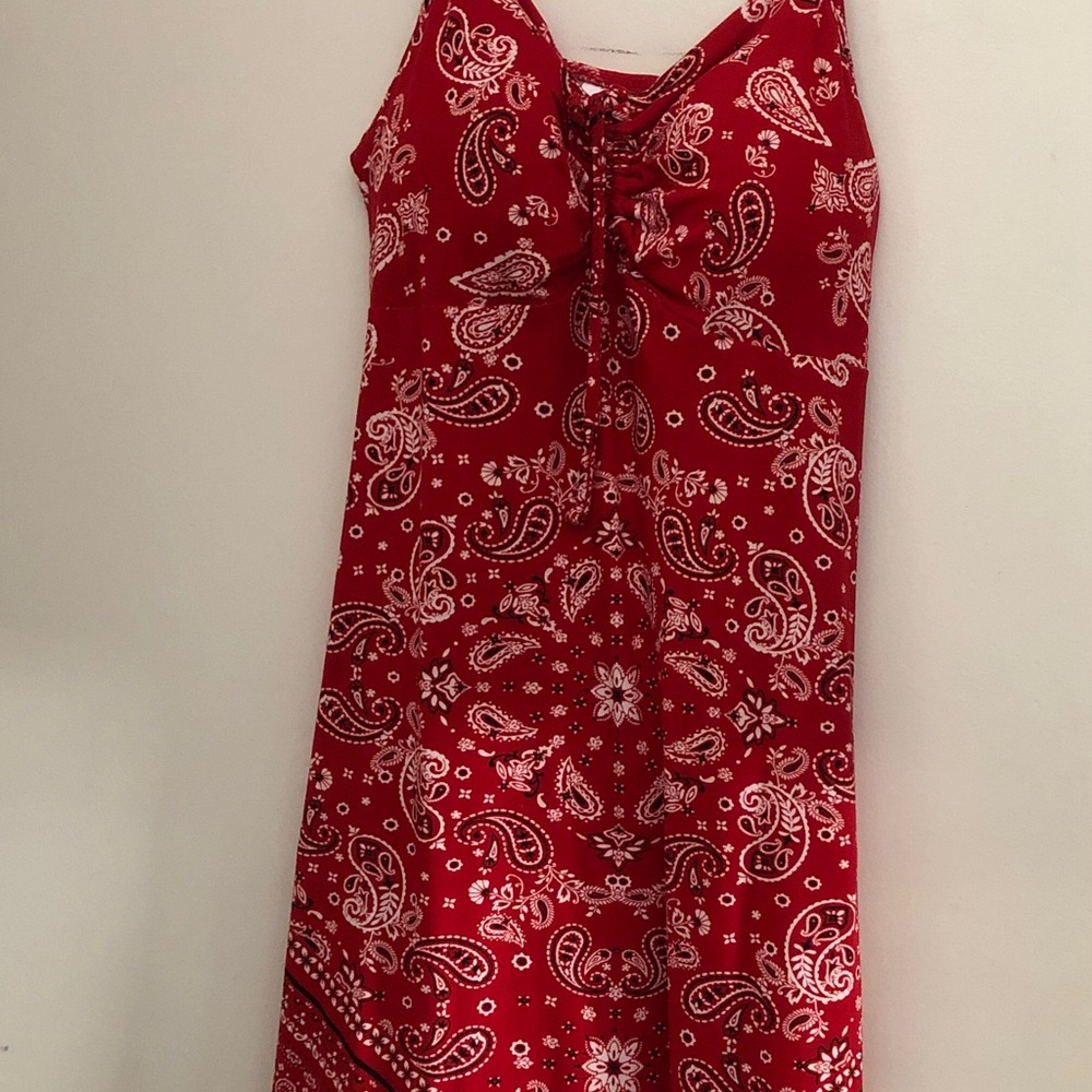 No Boundaries Juniors Red Bandana-Print Tie-Front Dress Spaghetti Strap Size S